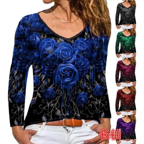 2021 Autumn and Winter New Fashion Casual Loose V-Neck Long Sleeved Rose Print T-shirt Women Clothing