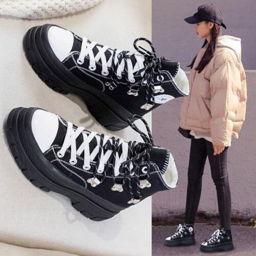 2021 New Shoes Plus Velvet Thick Bottom Increase Small Canvas Winter Casual Fashion All-Match Womens Shoes