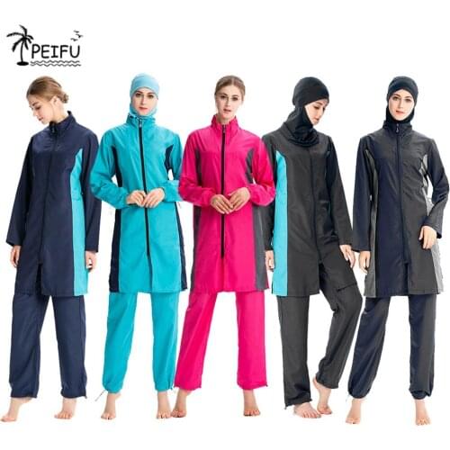 PEIFU Colorblock Women Muslims Swimwear Trousers Hooded Swimsuit Suit Hijab Three-piece Elegant Sport Fashion Islamic Beachwear