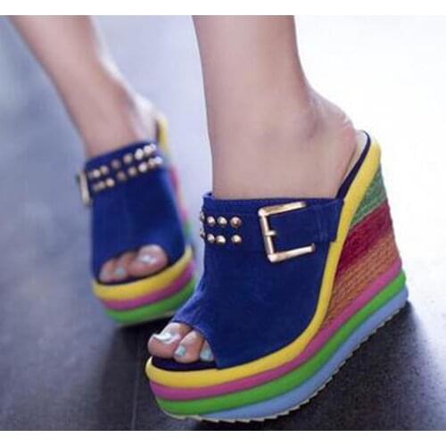 Womens Shoes Summer Rainbow Colors Soles Wedge Super High Heel Platform Beach Flip Flops Slippers Sandals Rivet 12CM F56