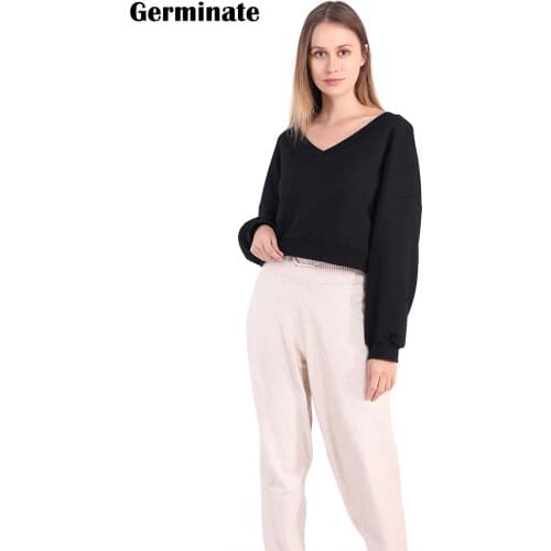 V Neck Cropped Sweatshirts Women Autumn Y2k Gothic Aesthetic Vintage Grunge Harajuku Streetwear Goth Black Pullovers Crop Top