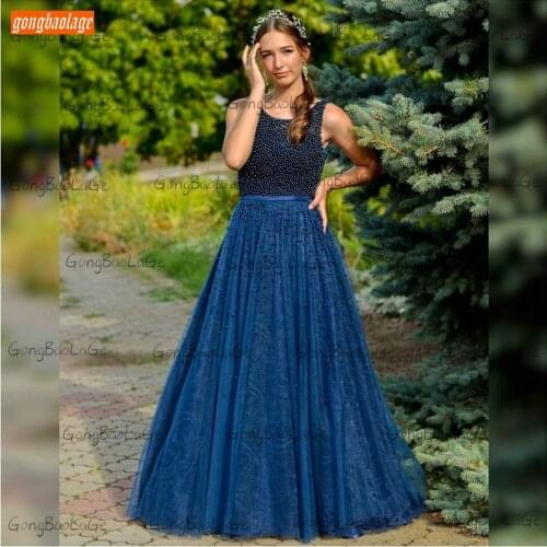 Sexy Dark Royal Blue Beaded Evening Gowns For Women 2020 Robe De Soiree O Neck Tulle A Line Formal Party Dresses Long Sleeveless