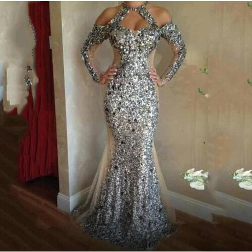 Silver Sequined Evening Gown abiye Formal Gowns abendkleider Evening Dress Elegant Long Mermaid vestido de festa longo