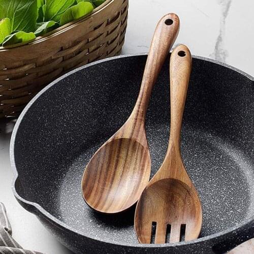 2pcs Wooden Spoon Salad Fork Integrated Household Creative Mixing Spoon Set Kitchen Tool Long Handle Soup Spoon Tableware
