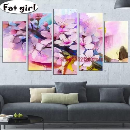 5 Panel Japanese Cherry Blossom Pictures 5D Diamond Painting Embroidery Cross Stitch Mosaic Square Round Drill Handwork Wall Art