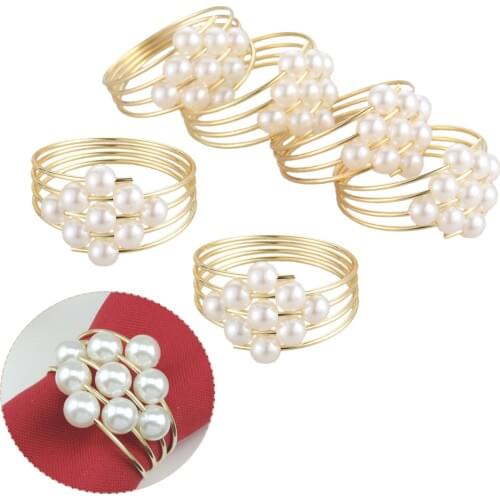 6Pcs Exquisite Pearl Napkin Rings Metal Christening Banquet Dinner Table Serviette Napkin Buckle Holder Wedding Party Decoration