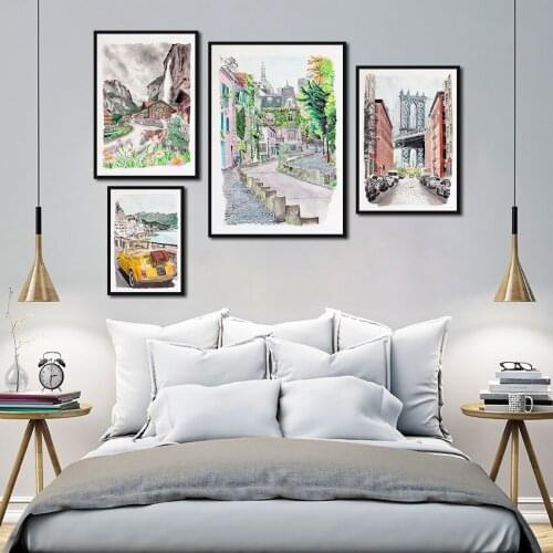 Watercolor Painting On Canvas Wildflowers Wooden House Mountain Landscape Poster City Architecture Scenery Wall Art Home Decor