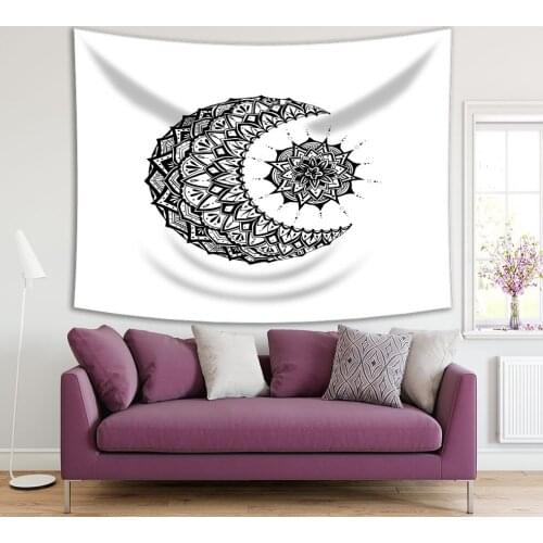 Tapestry Moon and Sun Pattern with Geometric Shapes Oriental Ethnic Black and White Artwork Print
