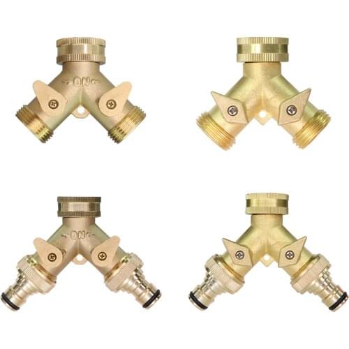 1PCS Brass 3/4 Inch Thread 2- Way Garden Tap Water Splitter Copper Y Irrigation Valve 5/8" Quick Connector Cranes Adapter