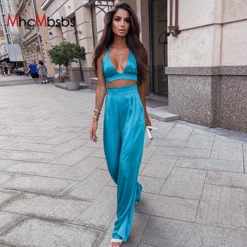 Summer Two Piece Set Women Satin Outfit Backless Corset Crop Top+High Waist Straight Wide Leg Pants Club Party Long Trousers