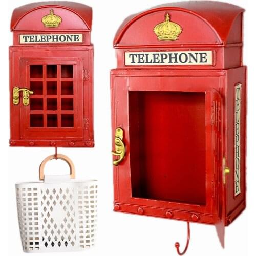 Retro Metal Phone Booth Coat Hooks Key Box Creative Ornaments Home Bar Restaurant Clothing Shop Cafe Wall Decoration Accessories