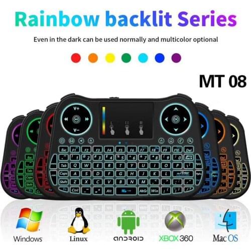 MT08 English Russian Spanish Mini Wireless Keyboard Touchpad 2.4GHz Air Mouse with Rainbow backlit For Smart TV BOX Computer