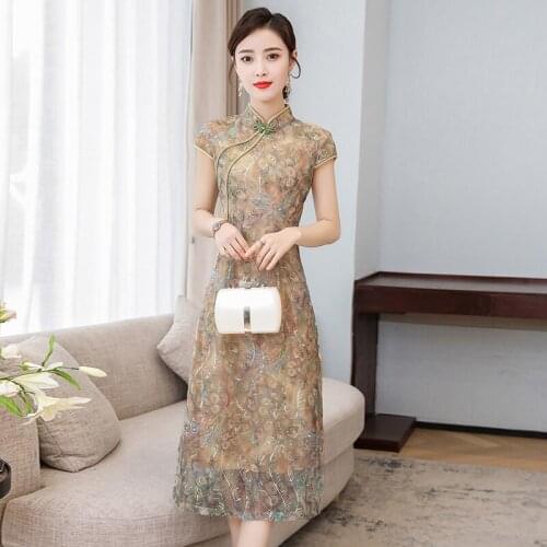 2021 summer new style womens Chinese style Hanfu improved version cheongsam high-end light luxury dress mid-length
