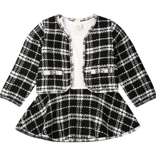 2PCS Toddler Baby Girls Autumn Winter Clothes Plaids Coat Tops Dress Formal Outfits Fit For 0-6 Years