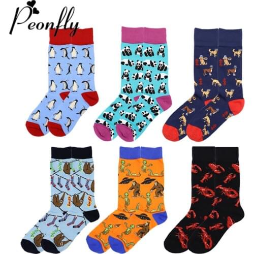 PEONFLY Novelty Socks Men Funny Cartoon Animal Penguin Dog Sloth Shrimp Happy Socks Casual Hip Hop Cotton Socks Calcetines