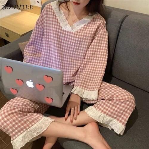 Pajama Sets Women Spring Hot Sale Plaid V-Neck Female Sleepwear Korean Style Harajuku All-match Sweet Students Simple Fashion