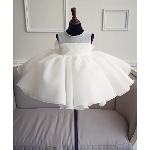 Infant Baby Girls Flower Pageant Dresses Christening Gowns Newborn Babies Baptism Beads Princess Birthday White Bow Dresses