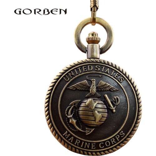 Retro Antique Pocket Watch United States Marine Corps Theme Quartz Metal Vintage Bronze Pendant Necklace Flip Clock With Chain