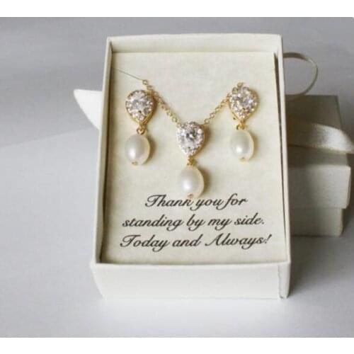 Personalized names wedding Bridesmaid teardrop Fresh water pearl Earrings dangles necklace sets CZ Jewelry Set proposal gifts