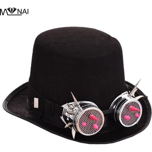 Retro Men/Women Steampunk Hat Pink Glasses Rivets Goggles Gothic Vintage Top Hats Victorian Cosplay Accessories
