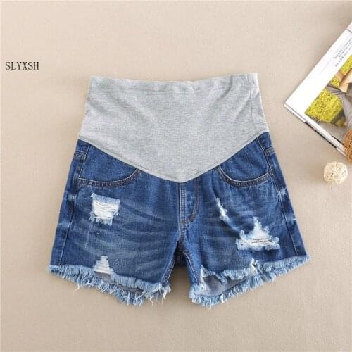SLYXSH 2018 new Fringed Dark Blue Denim Maternity Shorts Elastic Waist Pregnancy Short Jeans Summer Clothes for Pregnant Women