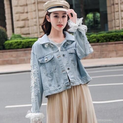 2021 Jacket Denim Fashion Real Shot Heavy Industry Beaded Gauze Lace Lotus Leaf Embroidered Short With Diamonds Free Shipping