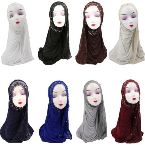 Fashion Women Lace Hijab Scarf Beads Headscarf Head Wrap Shawl Islamic Scarves Stoles Turban Prayer Hat Full Cover New 170*70cm