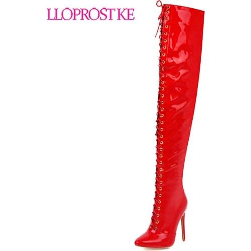 Lloprost ke sexy 12cm stiletto heels pointed toe lace up evening party dance over the knee boots for women ladies winter shoes