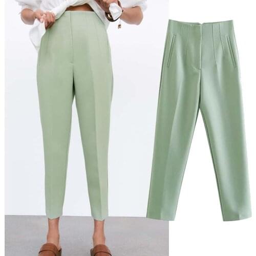 Klkxmyt Za Women Pants Green High Waist Pants Office Casual Pant Woman Trousers 2021 Fashion Streetwear Loose Suit Pants