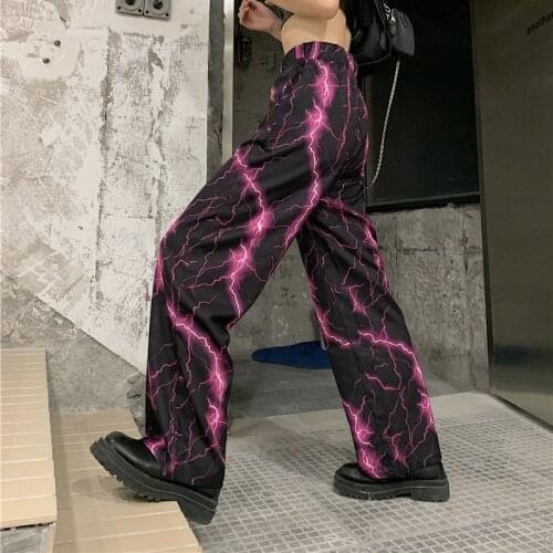 2021 new pants women ins Harajuku style lightning print autumn new high street loose casual wide-leg pants women trend