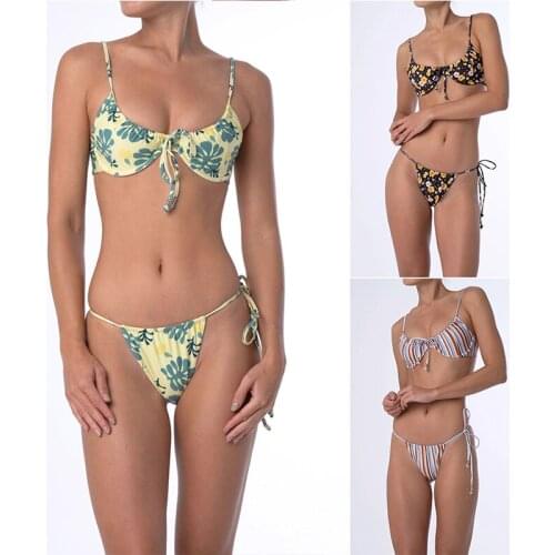 Triangle Sling Womens Swimsuit Stripe Printed Swimwear Ladies Bow High Waist Knot Two-piece Sexy Beachwear Mini Bikini Set