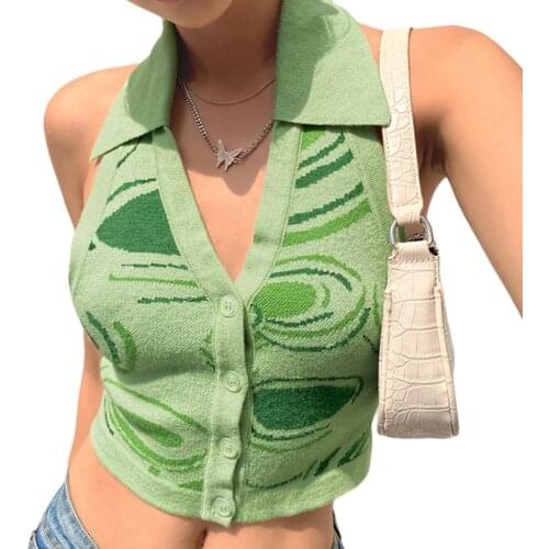 Summer Women’s Irregular Print Halter Cardigan Summer Sexy V-neck Exposed Navel Slim Fit Knitted Camisole