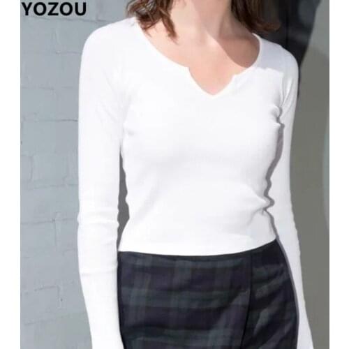 Women new arrival autumn ribbed long sleeve solid v-neck slim crop top cropped tee for female