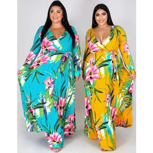 4xl 5xl Plus Size Long Sleeve Floral Print Long Dress Women Robe Sexy V-neck Split Casual Maxi Party Dress 2021 Spring Clothes