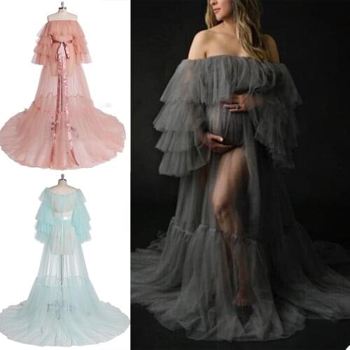 Womens Tulle Robe Custom Made Soft Ruffled Off Shoulder Long Sleeves Pajamas Dresses Maternity Party Gowns Sleepwear Bathrobes