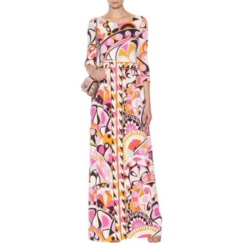 Ladies New waist fashion printingThree Quarter sleeve Bohemia style lengthened silk jersey dress