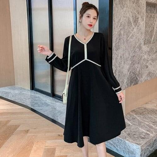 9518# 2021 Spring Korean Fashion Maternity Long Party Dress Long Sleeve Slim A Line Clothes for Pregnant Women Chic Pregnancy
