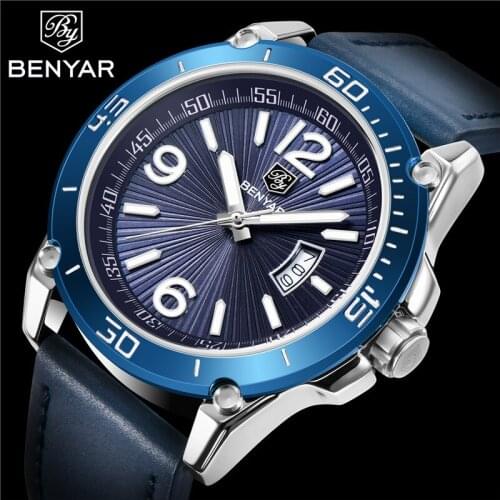 BENYAR Auto Date Men Watch Top Brand Luxury Waterproof Military Army Male Clock Sport Business Genuinle Leather Wristwatch 5166