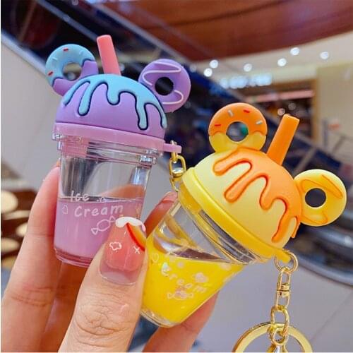 Creative Donuts Key Chain Popsicle Glitter Quicksand Keychain Liquid Floating Soft Drink Keyring for Women Backpack Pendant Gift