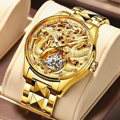 Top Brand Luxury Gold Dragon Mechanical Watches for Men Hand Wind Tourbillon Sapphire Ruby Watch Waterproof Transparent Fashion