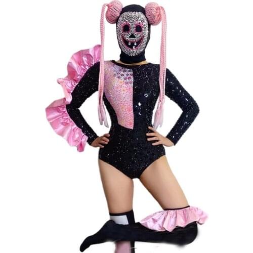 Black Rhinestones Stretch Skinny Bodysuit Stocks Rave Outfit Nightclub Bar Women Stage Wear Dancer DJ Halloween Costume XS2688