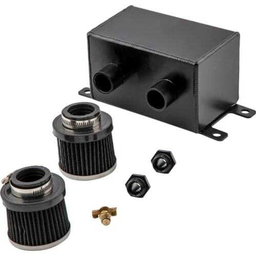 Black Fabricated Aluminum Oil Catch Can Reservoir Tank w/ Dual Breather Filter Baffled