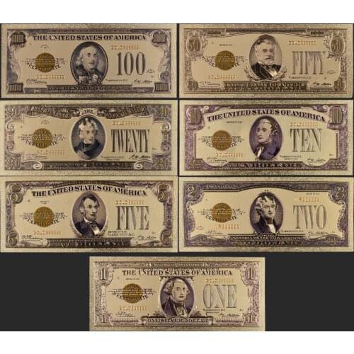 1928 7pcs USA $1 2 5 10 20 50 100 Dollar Gold Banknote Colorful World Money for Souvenirs