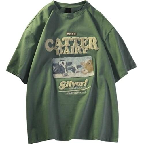 ZuoLunOuBa Summer Casual Women T Shirt Towel Embroidery Letter Catter Dairy Tees Short Sleeve Anime Cows Family Tops Female