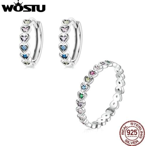 WOSTU 2021 Genuine 925 Sterling Silver Rainbow Love Heart Zircon Jewelry Set Rings Stud Earrings Gift Wedding Jewelry XCS239