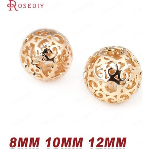 6PCS 8MM 10MM 12MM 24K Champagne Gold Color Plated Brass Round Hollow Spacer Beads Bracelet Beads High Quality Jewelry Findings