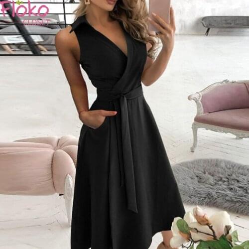 Flokocloset Summer Office Lady Turn-down Collar Lace Up Dresses Casaul Sleeveless Mid-Calf Party Dresses