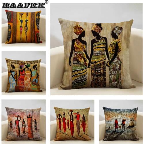 African Women Oil Painting Art Cushion Cover Home Sofa Watercolor Dance African Women Pillow 45x45cm Linen Pillow