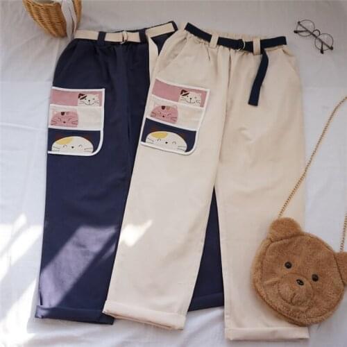 Korean Newest Harajuku Pants Women Streetwear Elastic High Waist Kawaii Cargo Trousers Cute Cat Patch Leisure Loose Pants Belt