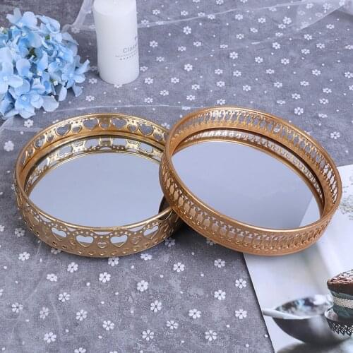 Golden Color Delicate Jewelry Storage Tray Glass Mirror Base Bedroom Desktop Cosmetic Decorative Organize Plate